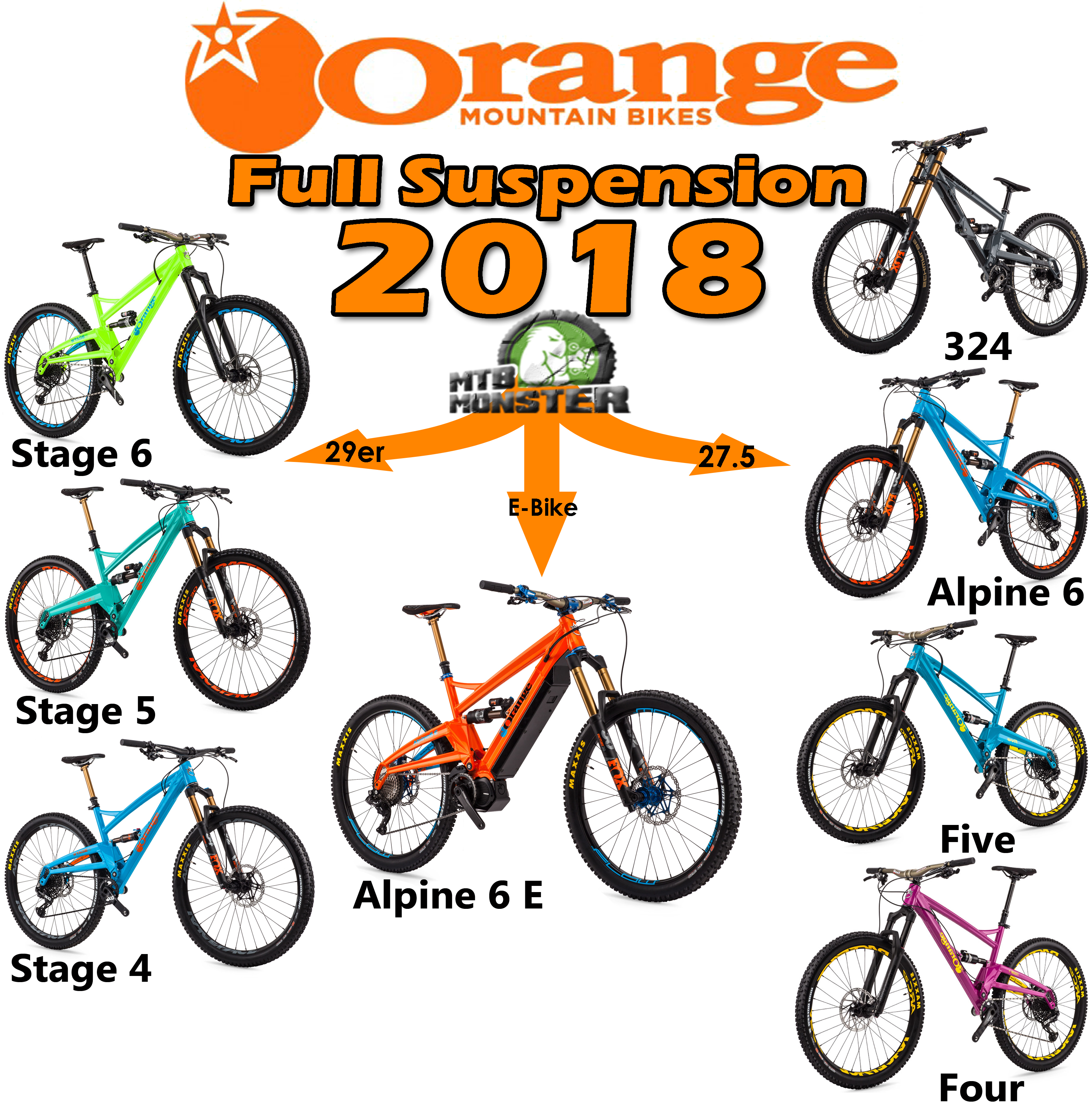 2018 Orange Bikes Full Suspension Range Guide Information Help Guide Stage 6 Stage 5 Stage 4 324 Alpine 6 Five Four 29er 27.5